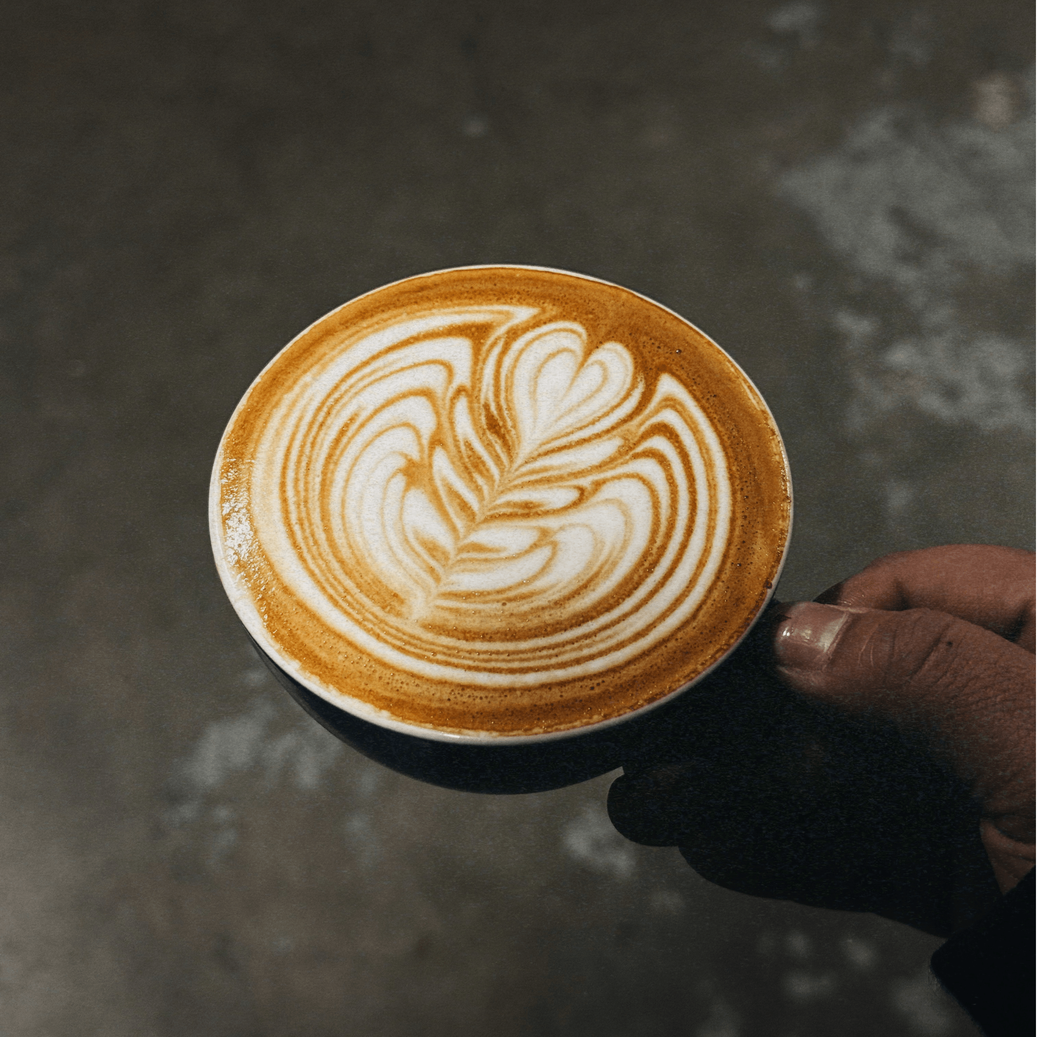 Hand holding a cup of coffee with latte art against a dark background