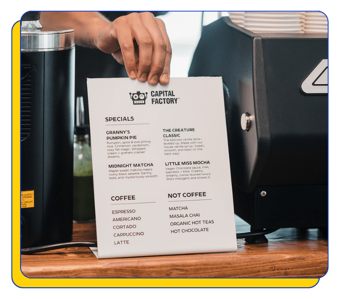 Coffee Catering Menu from Capital Factory Coffee with mobile coffee machine in the background