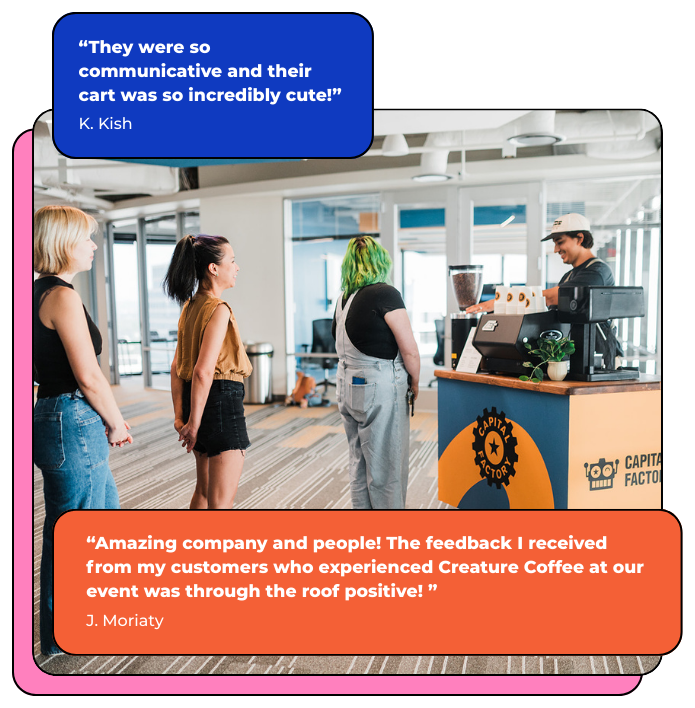 People standing in line at a mobile coffee shop with positive feedback text overlay