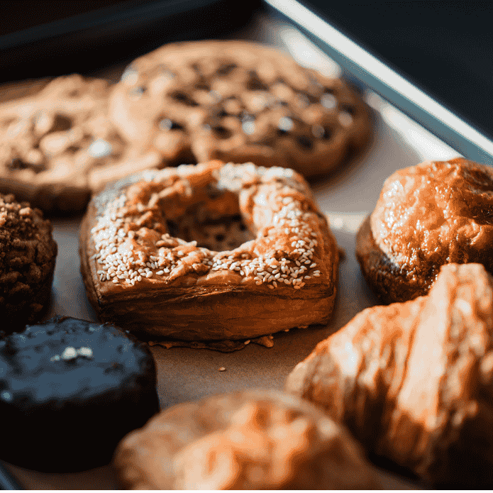 Assorted pastries including croissants and cookies on a baking tray at an event for coffee catering